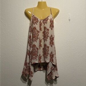 BKE Boutique Floral Handkerchief Hem Flowy Tank  Beige Pink Blouse Brown Boho L